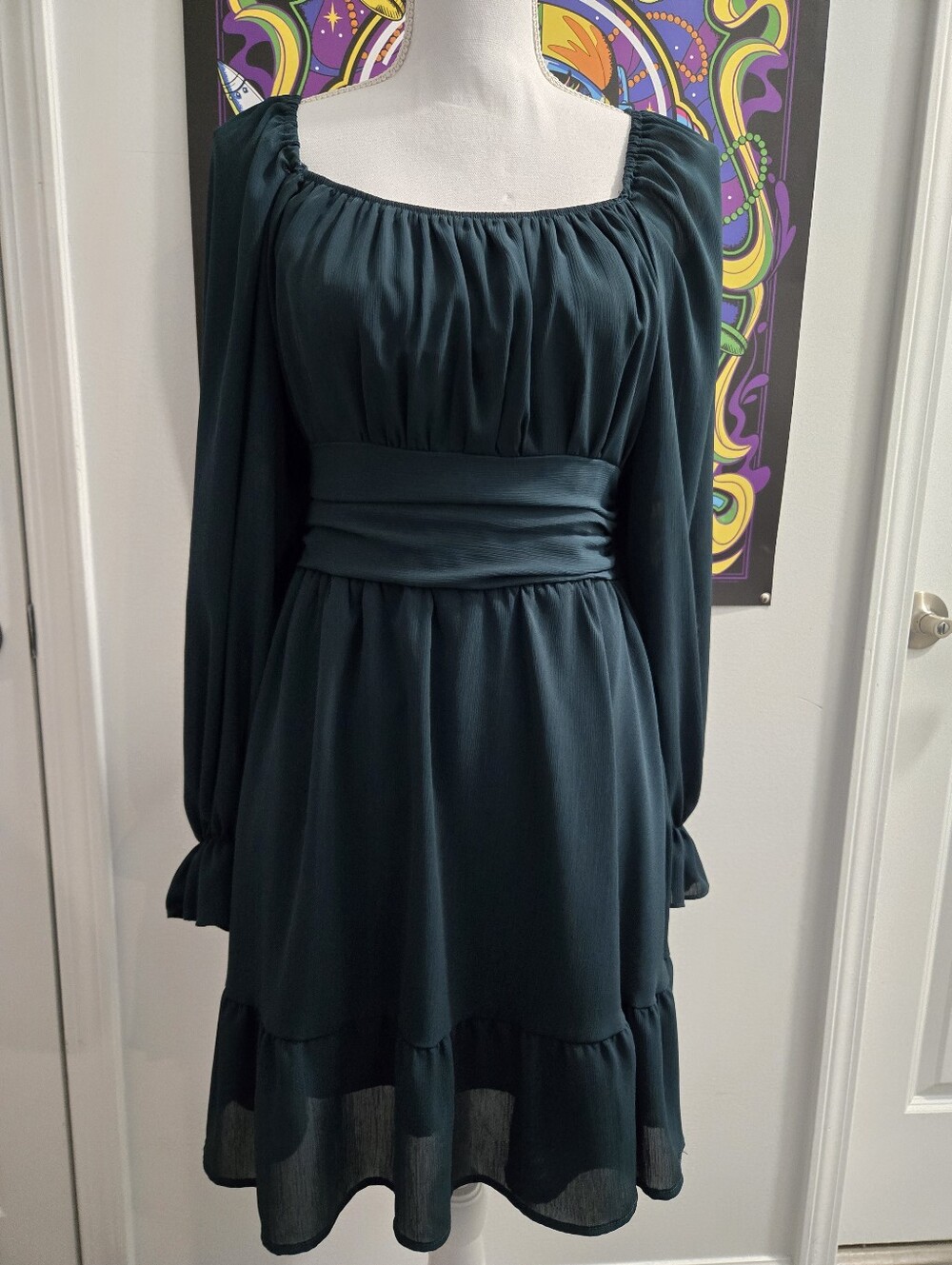 Women's Teal Long-Sleeve Tiered Dress - Large